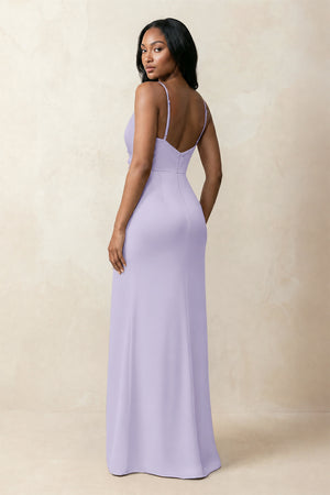 Spaghetti Strap Sheath Satin Ruched Bridesmaid Dress in Lavender (2) | KISSBRIDAL