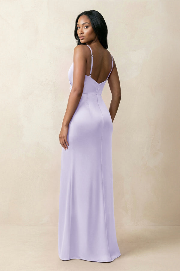 Spaghetti Strap Sheath Satin Ruched Bridesmaid Dress in Lavender - KISS BRIDAL Bridesmaid Dresses