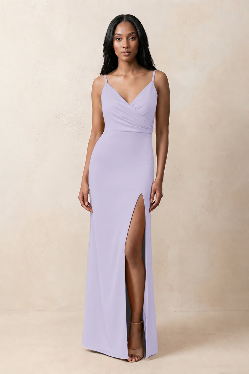 Spaghetti Strap Sheath Satin Ruched Bridesmaid Dress in Lavender