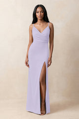 Spaghetti Strap Sheath Satin Ruched Bridesmaid Dress in Lavender | KISSBRIDAL