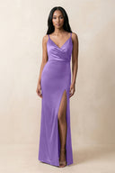 Spaghetti Strap Sheath Satin Ruched Bridesmaid Dress in Lilac - KISS BRIDAL Bridesmaid Dresses