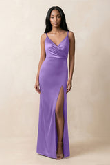 Spaghetti Strap Sheath Satin Ruched Bridesmaid Dress in Lilac - KISS BRIDAL Bridesmaid Dresses