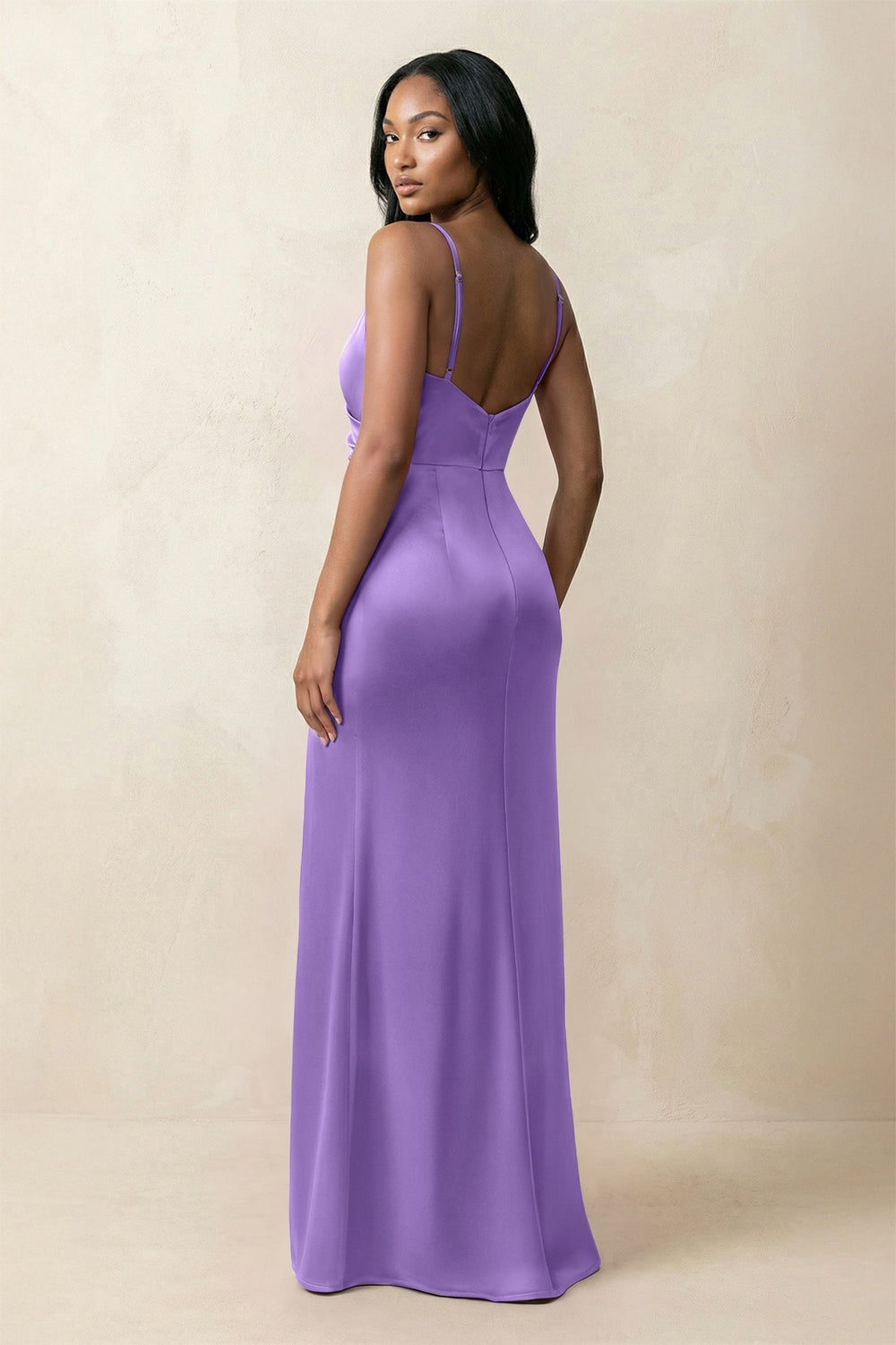 Spaghetti Strap Sheath Satin Ruched Bridesmaid Dress in Lilac - KISS BRIDAL Bridesmaid Dresses