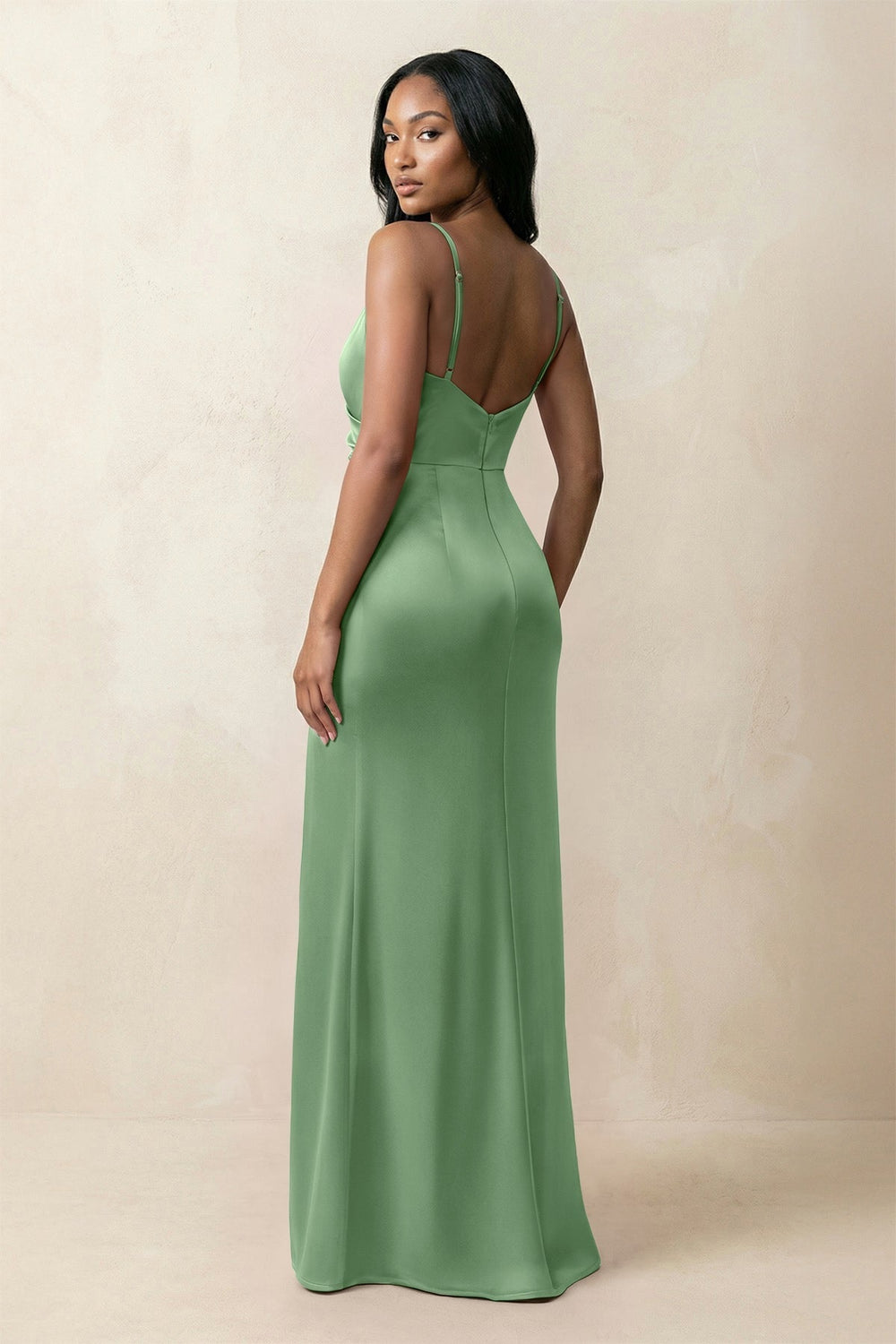 Spaghetti Strap Sheath Satin Ruched Bridesmaid Dress in Matcha - KISS BRIDAL Bridesmaid Dresses