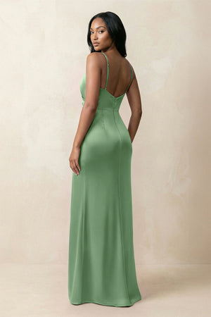 Spaghetti Strap Sheath Satin Ruched Bridesmaid Dress in Matcha - KISS BRIDAL Bridesmaid Dresses