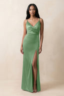 Spaghetti Strap Sheath Satin Ruched Bridesmaid Dress in Matcha - KISS BRIDAL Bridesmaid Dresses
