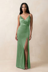 Spaghetti Strap Sheath Satin Ruched Bridesmaid Dress in Matcha - KISS BRIDAL Bridesmaid Dresses