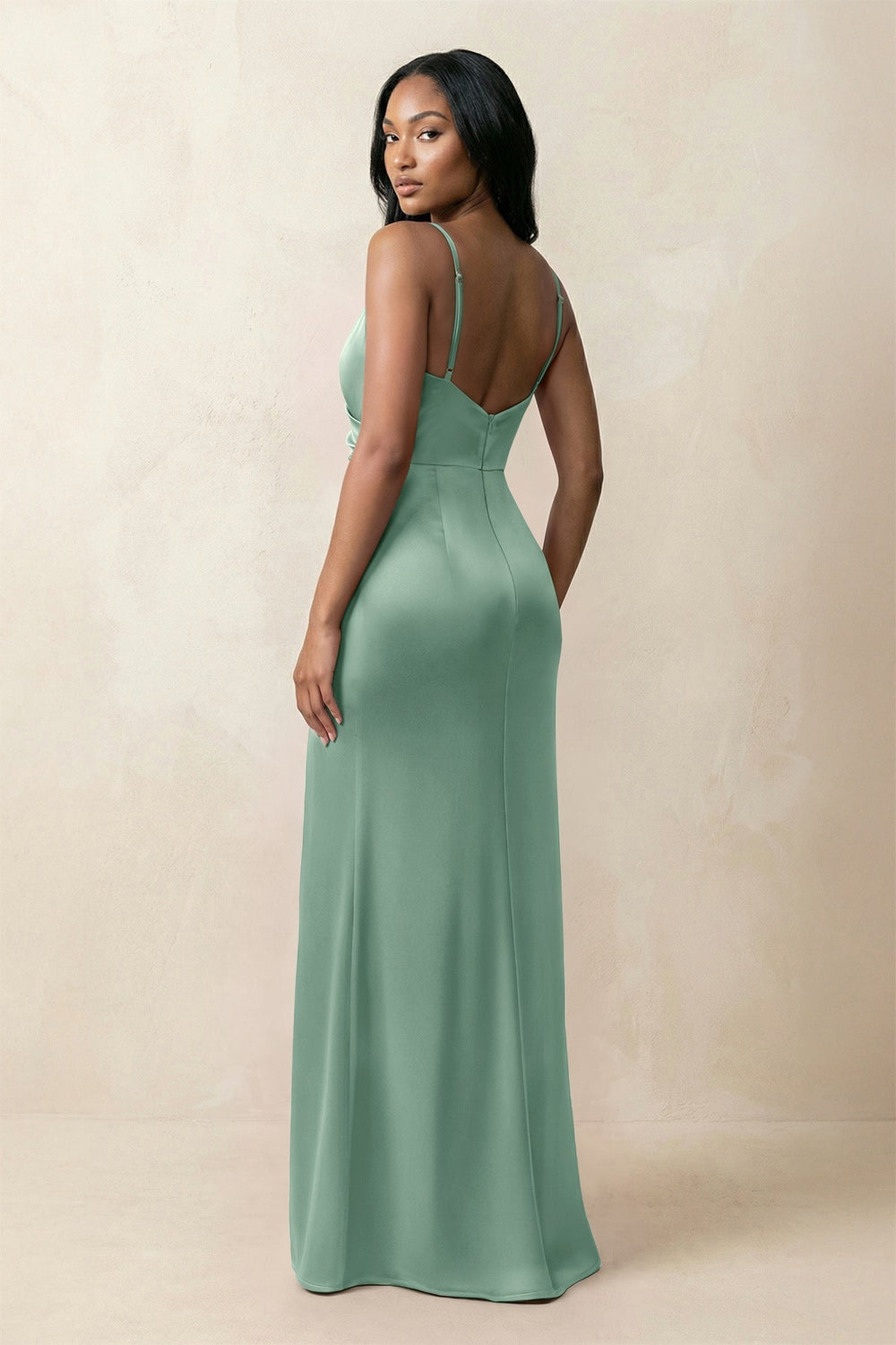 Spaghetti Strap Sheath Satin Ruched Bridesmaid Dress in Mint Green - KISS BRIDAL Bridesmaid Dresses