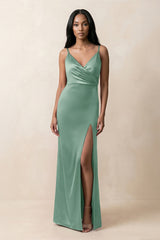 Spaghetti Strap Sheath Satin Ruched Bridesmaid Dress in Mint Green - KISS BRIDAL Bridesmaid Dresses