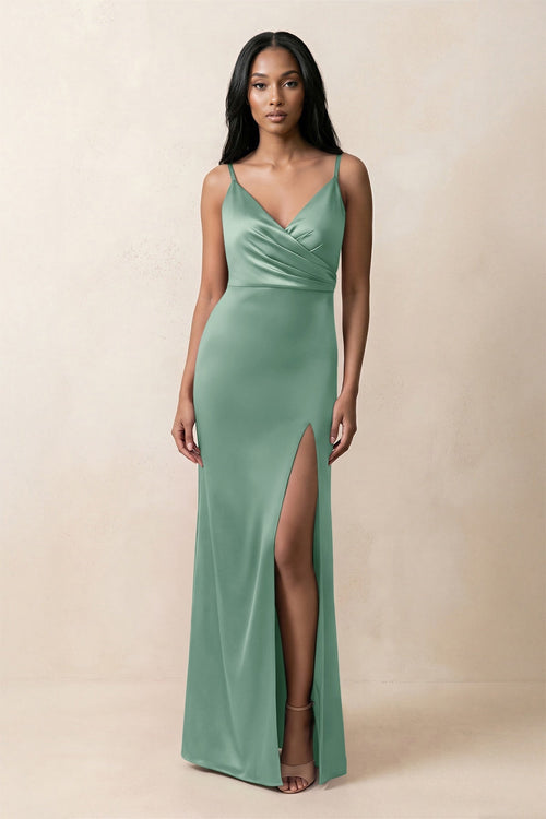 Spaghetti Strap Sheath Satin Ruched Bridesmaid Dress in Mint Green - KISS BRIDAL Bridesmaid Dresses