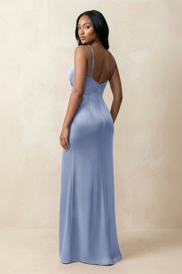 Spaghetti Strap Sheath Satin Ruched Bridesmaid Dress in Mist - KISS BRIDAL Bridesmaid Dresses