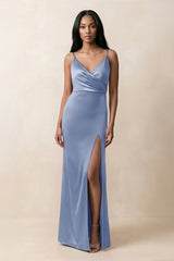 Spaghetti Strap Sheath Satin Ruched Bridesmaid Dress in Mist - KISS BRIDAL Bridesmaid Dresses