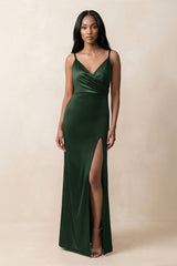 Spaghetti Strap Sheath Satin Ruched Bridesmaid Dress in Moss - KISS BRIDAL Bridesmaid Dresses