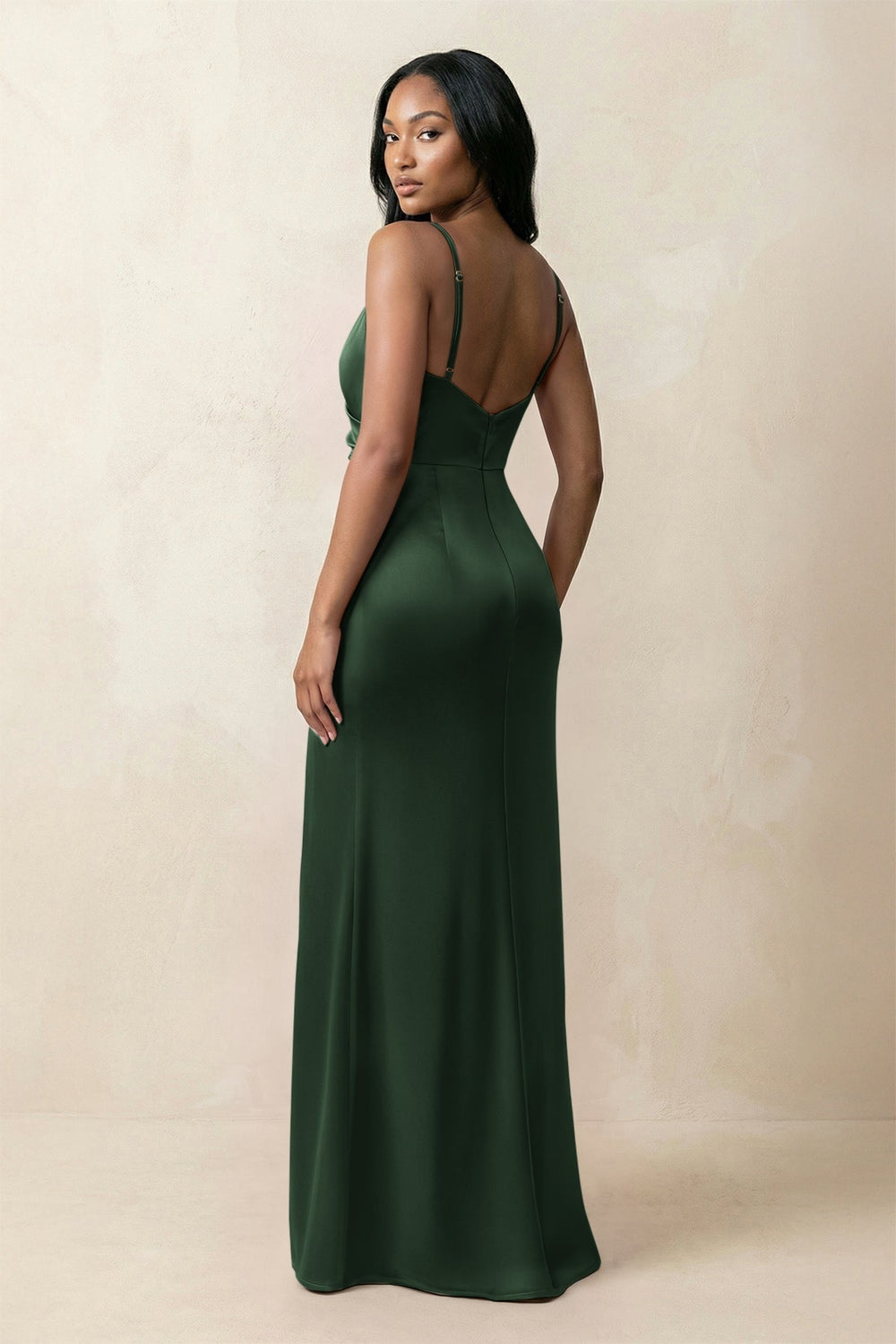 Spaghetti Strap Sheath Satin Ruched Bridesmaid Dress in Moss - KISS BRIDAL Bridesmaid Dresses