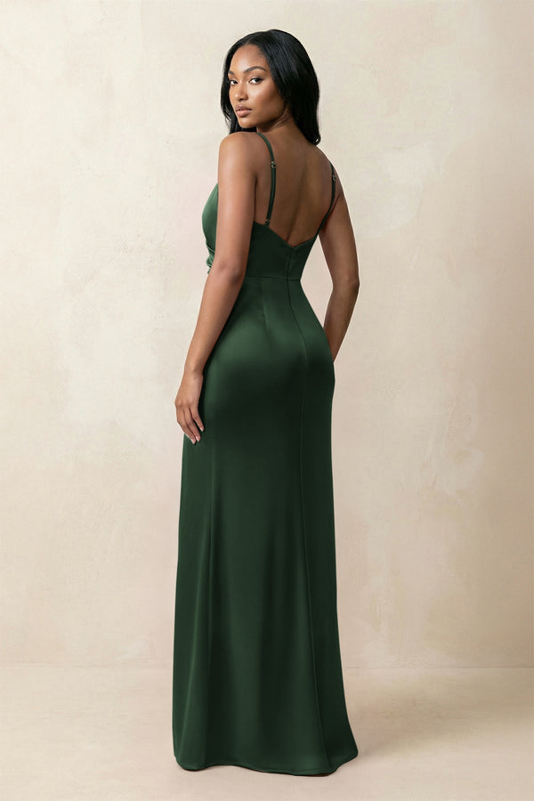 Spaghetti Strap Sheath Satin Ruched Bridesmaid Dress in Moss - KISS BRIDAL Bridesmaid Dresses