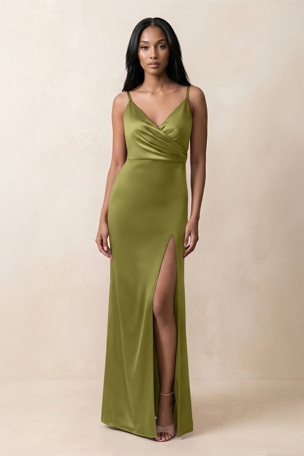 Spaghetti Strap Sheath Satin Ruched Bridesmaid Dress in Moss Green - KISS BRIDAL Bridesmaid Dresses