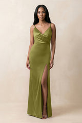 Spaghetti Strap Sheath Satin Ruched Bridesmaid Dress in Moss Green - KISS BRIDAL Bridesmaid Dresses