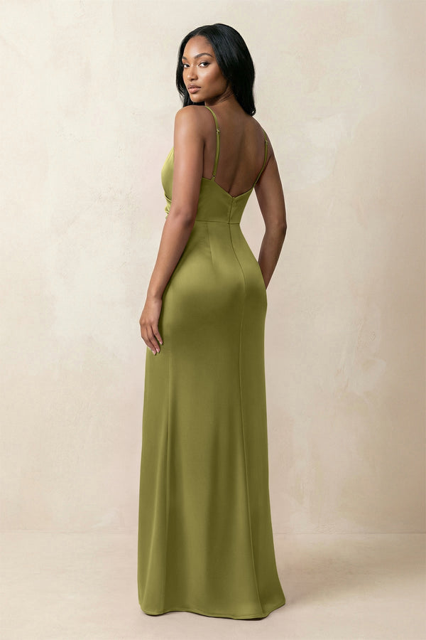 Spaghetti Strap Sheath Satin Ruched Bridesmaid Dress in Moss Green - KISS BRIDAL Bridesmaid Dresses