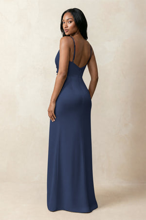 Spaghetti Strap Sheath Satin Ruched Bridesmaid Dress in Navy (2) | KISSBRIDAL