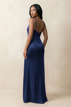 Spaghetti Strap Sheath Satin Ruched Bridesmaid Dress in Navy - KISS BRIDAL Bridesmaid Dresses