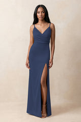 Spaghetti Strap Sheath Satin Ruched Bridesmaid Dress in Navy | KISSBRIDAL