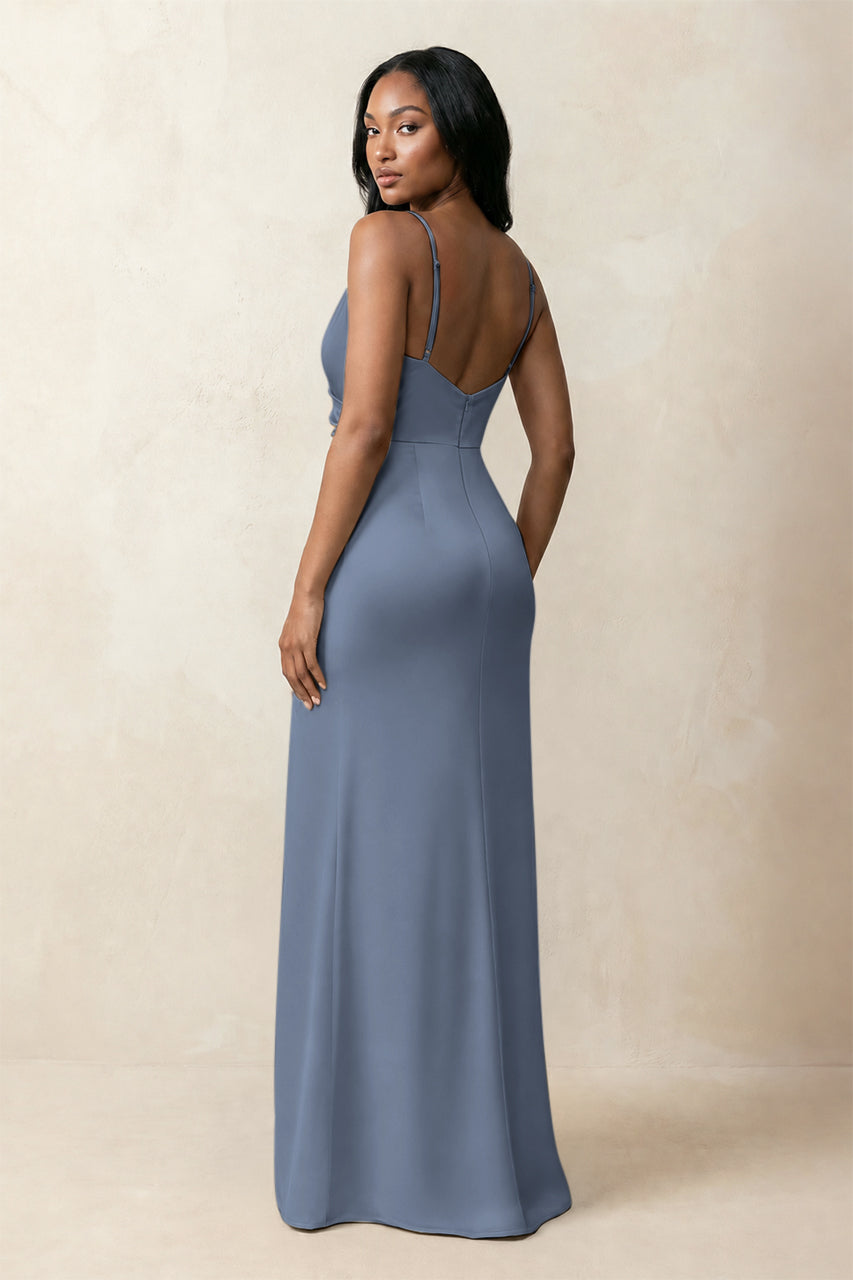 Spaghetti Strap Sheath Satin Ruched Bridesmaid Dress in Neptune