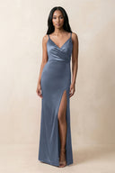 Spaghetti Strap Sheath Satin Ruched Bridesmaid Dress in Neptune - KISS BRIDAL Bridesmaid Dresses