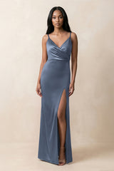 Spaghetti Strap Sheath Satin Ruched Bridesmaid Dress in Neptune - KISS BRIDAL Bridesmaid Dresses