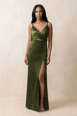 Spaghetti Strap Sheath Satin Ruched Bridesmaid Dress in Olive - KISS BRIDAL Bridesmaid Dresses