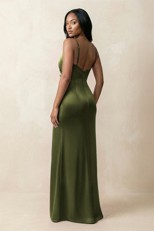 Spaghetti Strap Sheath Satin Ruched Bridesmaid Dress in Olive - KISS BRIDAL Bridesmaid Dresses