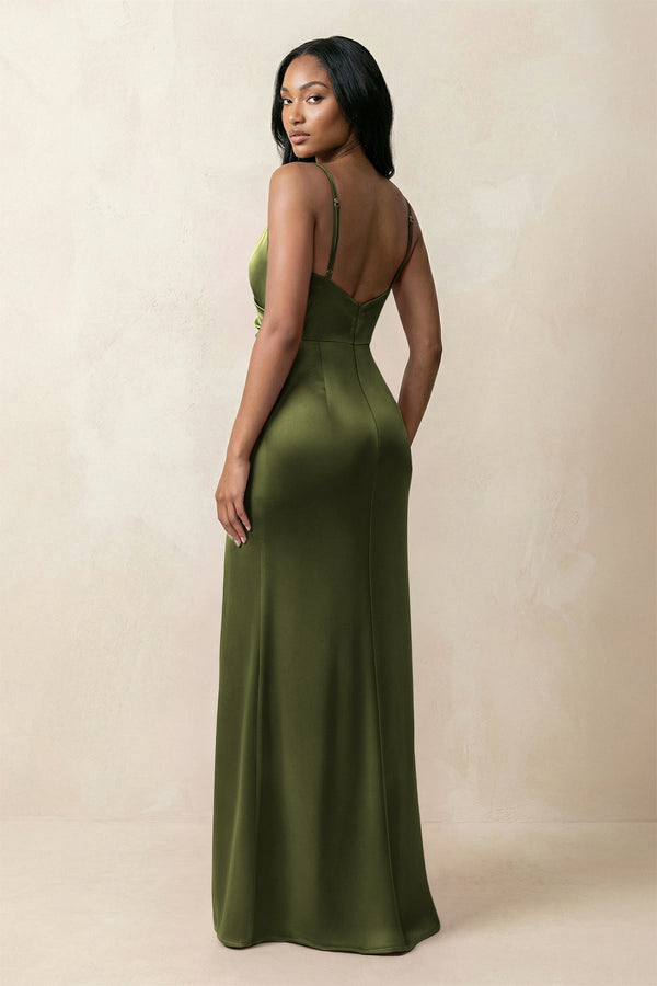 Spaghetti Strap Sheath Satin Ruched Bridesmaid Dress in Olive - KISS BRIDAL Bridesmaid Dresses