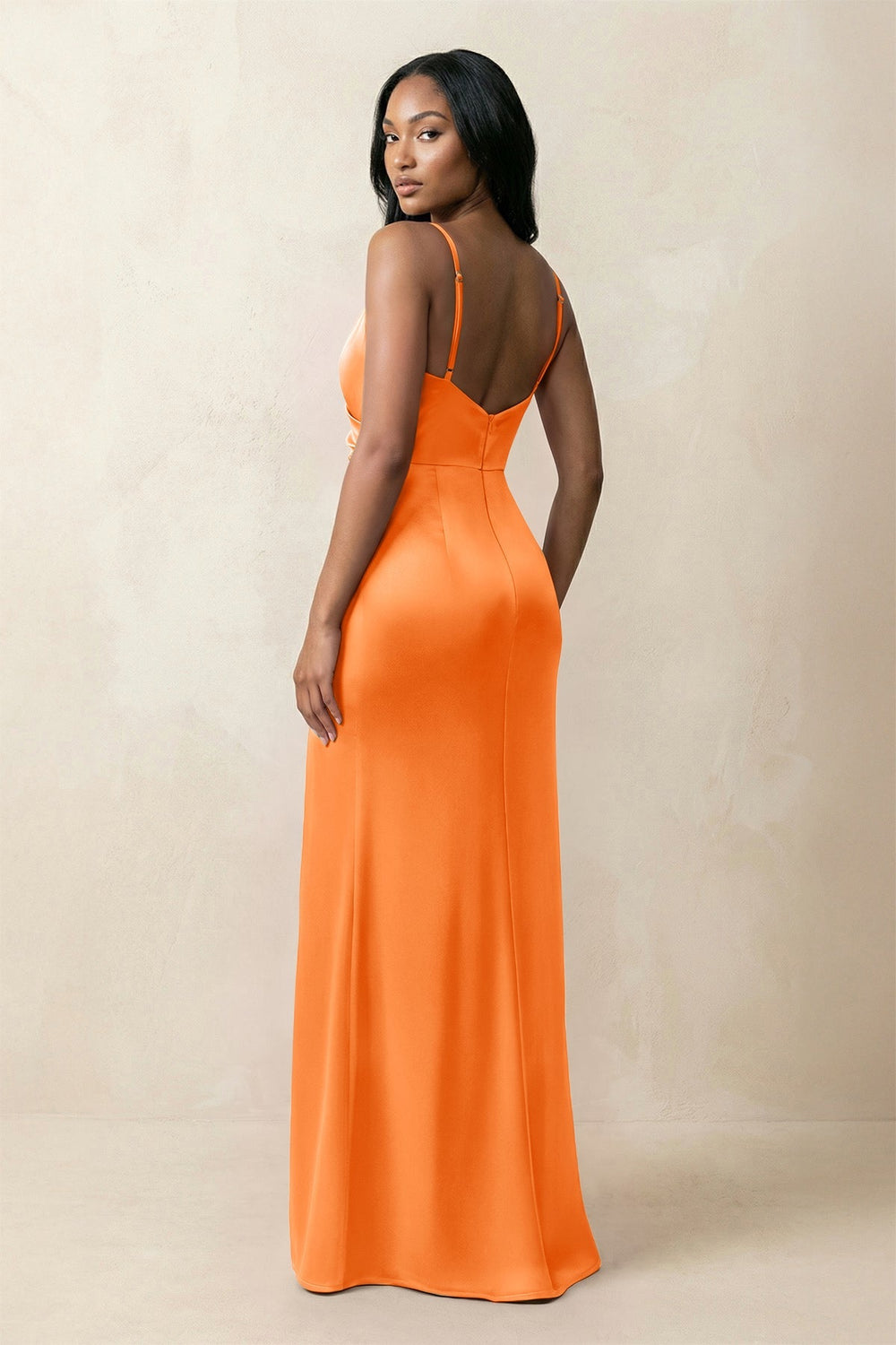 Spaghetti Strap Sheath Satin Ruched Bridesmaid Dress in Orange - KISS BRIDAL Bridesmaid Dresses