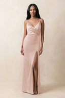 Spaghetti Strap Sheath Satin Ruched Bridesmaid Dress in Pale Blush - KISS BRIDAL Bridesmaid Dresses