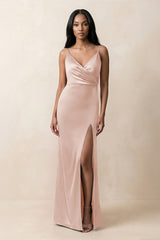 Spaghetti Strap Sheath Satin Ruched Bridesmaid Dress in Pale Blush - KISS BRIDAL Bridesmaid Dresses