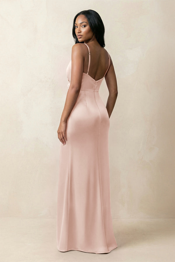 Spaghetti Strap Sheath Satin Ruched Bridesmaid Dress in Pale Blush - KISS BRIDAL Bridesmaid Dresses