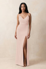 Spaghetti Strap Sheath Satin Ruched Bridesmaid Dress in Pale Blush | KISSBRIDAL