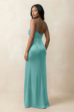 Spaghetti Strap Sheath Satin Ruched Bridesmaid Dress in Pale Pistachio - KISS BRIDAL Bridesmaid Dresses