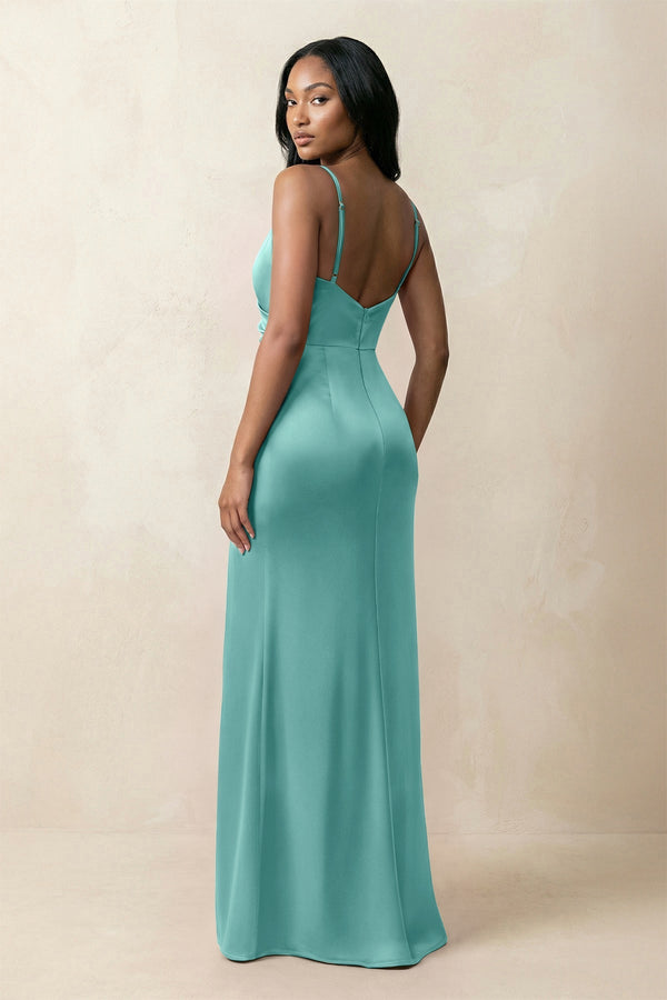 Spaghetti Strap Sheath Satin Ruched Bridesmaid Dress in Pale Pistachio - KISS BRIDAL Bridesmaid Dresses