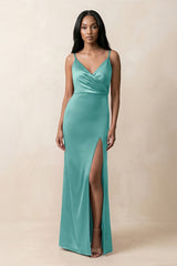 Spaghetti Strap Sheath Satin Ruched Bridesmaid Dress in Pale Pistachio - KISS BRIDAL Bridesmaid Dresses
