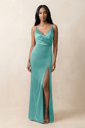 Spaghetti Strap Sheath Satin Ruched Bridesmaid Dress in Pale Pistachio - KISS BRIDAL Bridesmaid Dresses