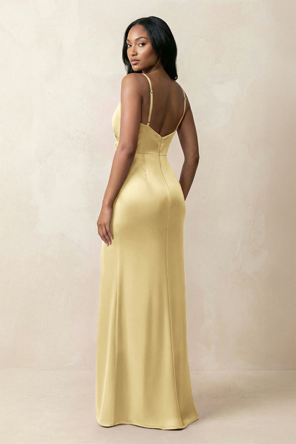 Spaghetti Strap Sheath Satin Ruched Bridesmaid Dress in Pastel Yellow - KISS BRIDAL Bridesmaid Dresses