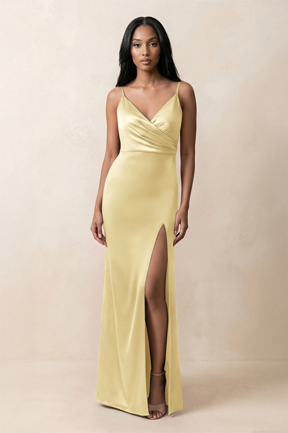 Spaghetti Strap Sheath Satin Ruched Bridesmaid Dress in Pastel Yellow - KISS BRIDAL Bridesmaid Dresses