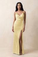 Spaghetti Strap Sheath Satin Ruched Bridesmaid Dress in Pastel Yellow - KISS BRIDAL Bridesmaid Dresses