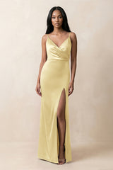 Spaghetti Strap Sheath Satin Ruched Bridesmaid Dress in Pastel Yellow - KISS BRIDAL Bridesmaid Dresses