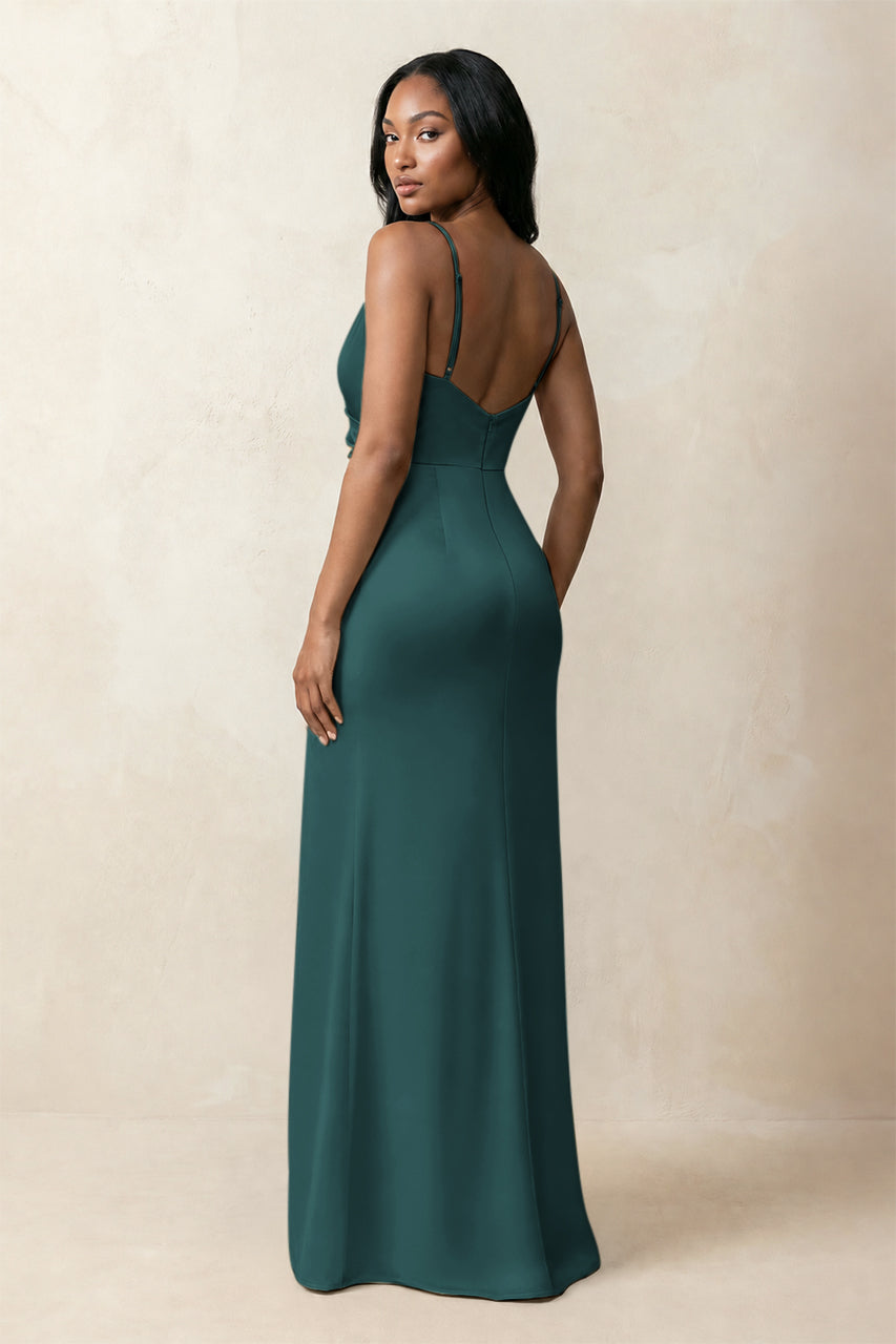 Spaghetti Strap Sheath Satin Ruched Bridesmaid Dress in Pine