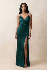 Spaghetti Strap Sheath Satin Ruched Bridesmaid Dress in Pine - KISS BRIDAL Bridesmaid Dresses