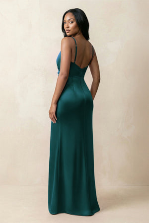 Spaghetti Strap Sheath Satin Ruched Bridesmaid Dress in Pine - KISS BRIDAL Bridesmaid Dresses