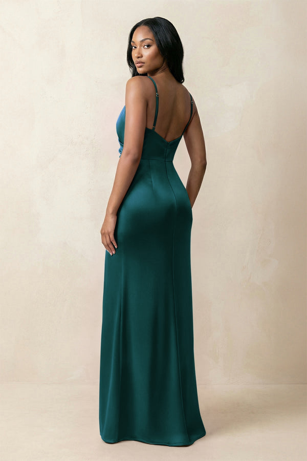 Spaghetti Strap Sheath Satin Ruched Bridesmaid Dress in Pine - KISS BRIDAL Bridesmaid Dresses