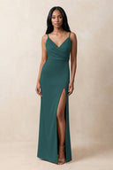 Spaghetti Strap Sheath Satin Ruched Bridesmaid Dress in Pine | KISSBRIDAL