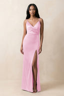 Spaghetti Strap Sheath Satin Ruched Bridesmaid Dress in Pink - KISS BRIDAL Bridesmaid Dresses